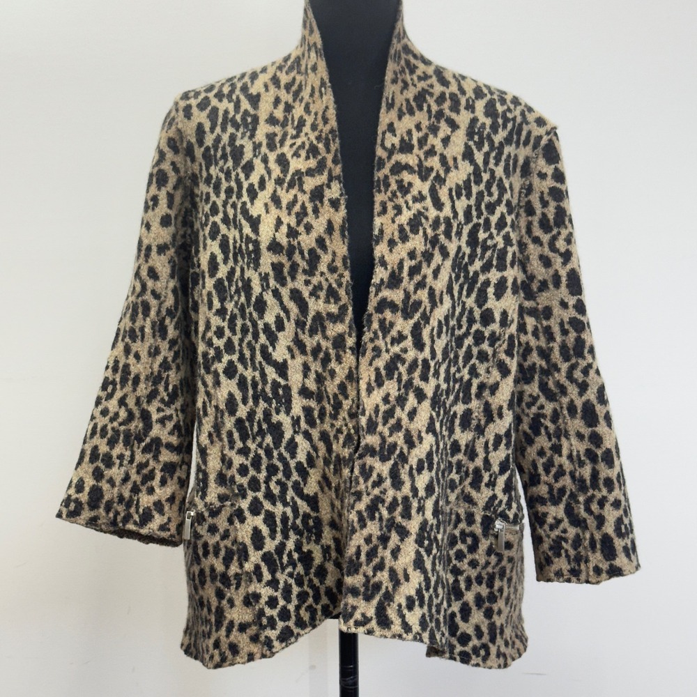 Katie Todd Leopard Print Wool Knit Cardigan‎ Zipper Pockets Women's Large